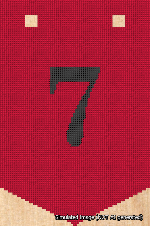 A simulated image of the stitched needlepoint design: Banner 18m Pointed 7 Black on Red. Not A.I. generated.
