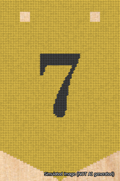A simulated image of the stitched needlepoint design: Banner 18m Pointed 7 Black on Yellow. Not A.I. generated.