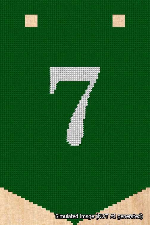 A simulated image of the stitched needlepoint design: Banner 18m Pointed 7 White on Green. Not A.I. generated.