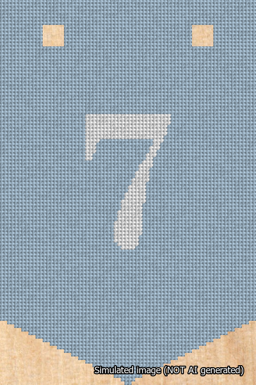 A simulated image of the stitched needlepoint design: Banner 18m Pointed 7 White on Light Blue. Not A.I. generated.