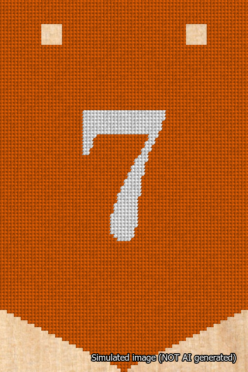 A simulated image of the stitched needlepoint design: Banner 18m Pointed 7 White on Orange. Not A.I. generated.