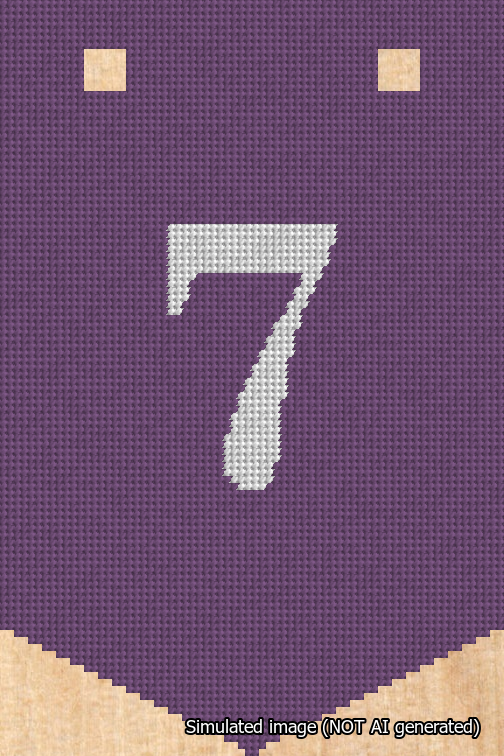 A simulated image of the stitched needlepoint design: Banner 18m Pointed 7 White on Purple. Not A.I. generated.