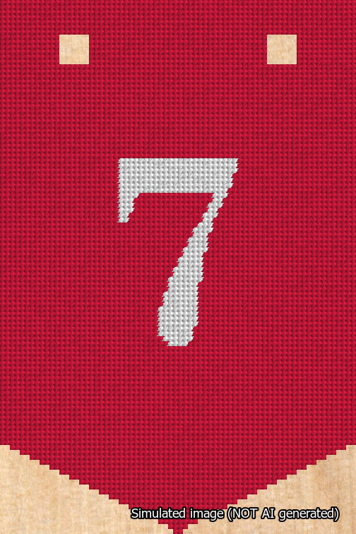 A simulated image of the stitched needlepoint design: Banner 18m Pointed 7 White on Red. Not A.I. generated.