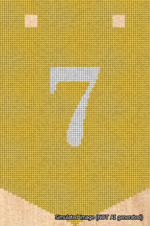 A simulated image of the stitched needlepoint design: Banner 18m Pointed 7 White on Yellow. Not A.I. generated.