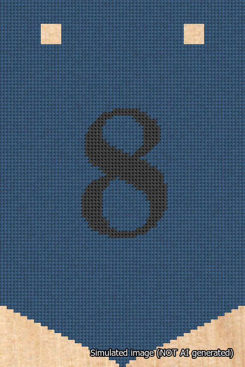 A simulated image of the stitched needlepoint design: Banner 18m Pointed 8 Black on Blue. Not A.I. generated.