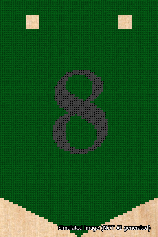 A simulated image of the stitched needlepoint design: Banner 18m Pointed 8 Black on Green. Not A.I. generated.