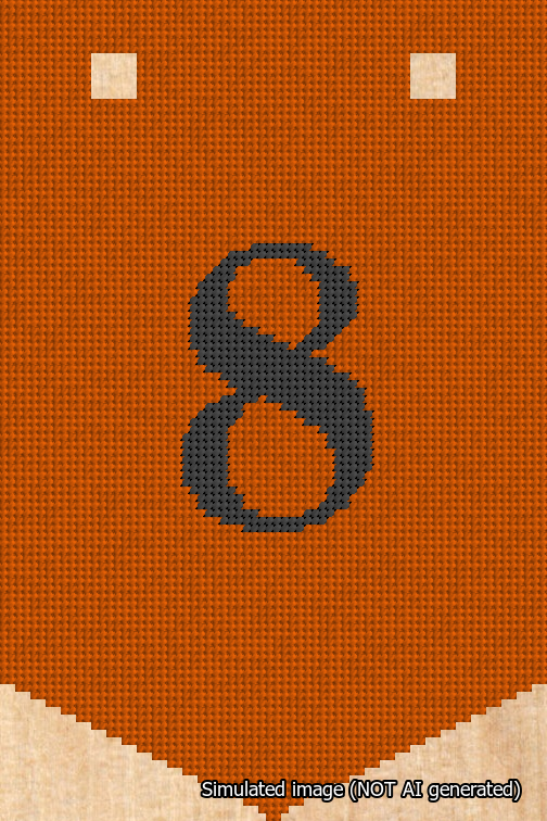 A simulated image of the stitched needlepoint design: Banner 18m Pointed 8 Black on Orange. Not A.I. generated.