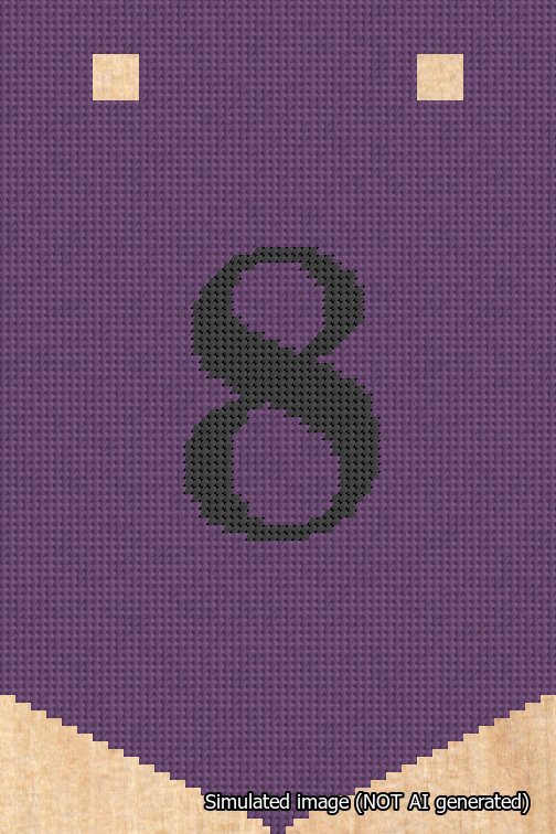 A simulated image of the stitched needlepoint design: Banner 18m Pointed 8 Black on Purple. Not A.I. generated.