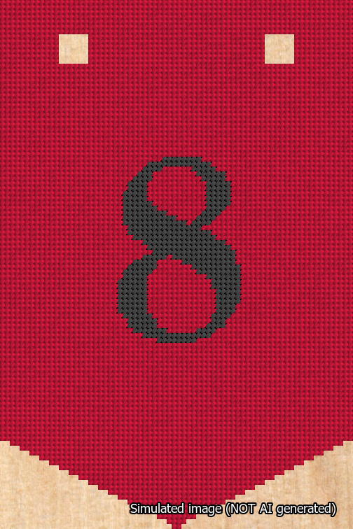 A simulated image of the stitched needlepoint design: Banner 18m Pointed 8 Black on Red. Not A.I. generated.