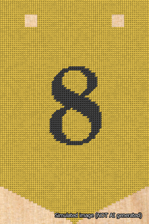 A simulated image of the stitched needlepoint design: Banner 18m Pointed 8 Black on Yellow. Not A.I. generated.