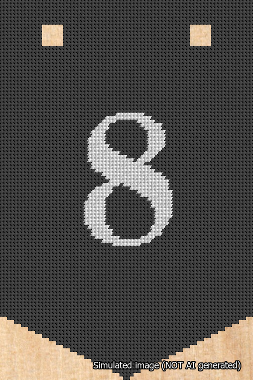 A simulated image of the stitched needlepoint design: Banner 18m Pointed 8 White on Black. Not A.I. generated.