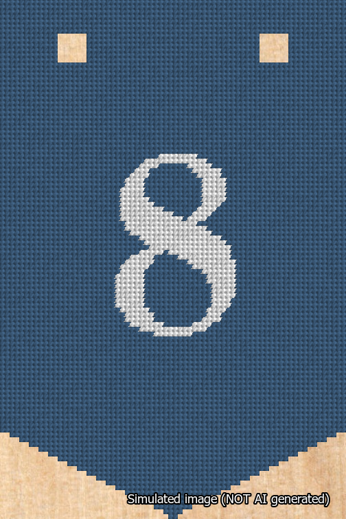 A simulated image of the stitched needlepoint design: Banner 18m Pointed 8 White on Blue. Not A.I. generated.