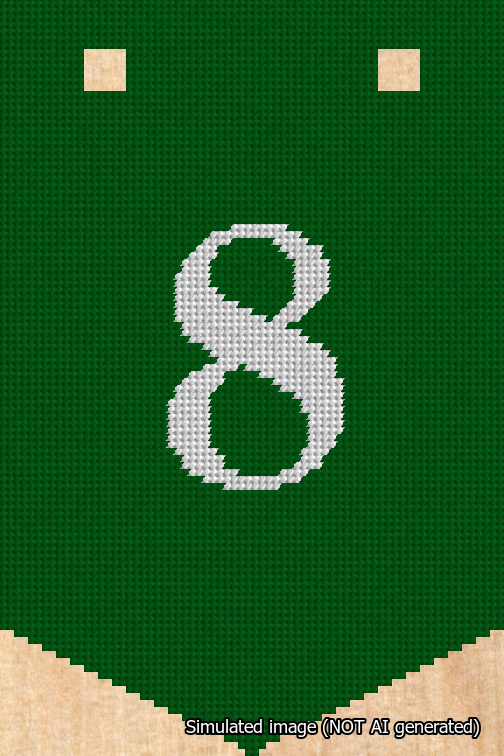 A simulated image of the stitched needlepoint design: Banner 18m Pointed 8 White on Green. Not A.I. generated.