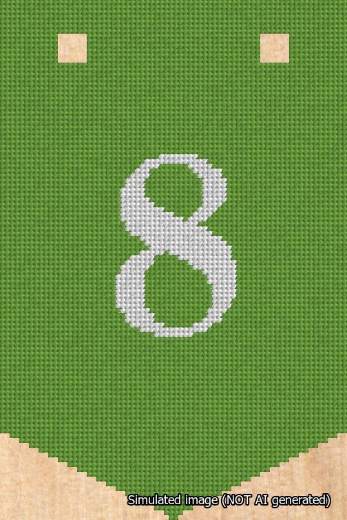 A simulated image of the stitched needlepoint design: Banner 18m Pointed 8 White on Light Green. Not A.I. generated.