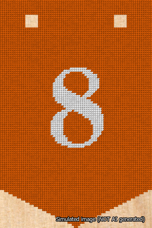A simulated image of the stitched needlepoint design: Banner 18m Pointed 8 White on Orange. Not A.I. generated.
