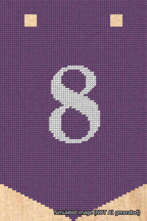 A simulated image of the stitched needlepoint design: Banner 18m Pointed 8 White on Purple. Not A.I. generated.