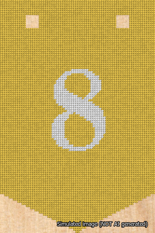 A simulated image of the stitched needlepoint design: Banner 18m Pointed 8 White on Yellow. Not A.I. generated.
