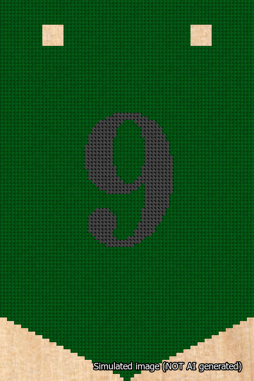 A simulated image of the stitched needlepoint design: Banner 18m Pointed 9 Black on Green. Not A.I. generated.