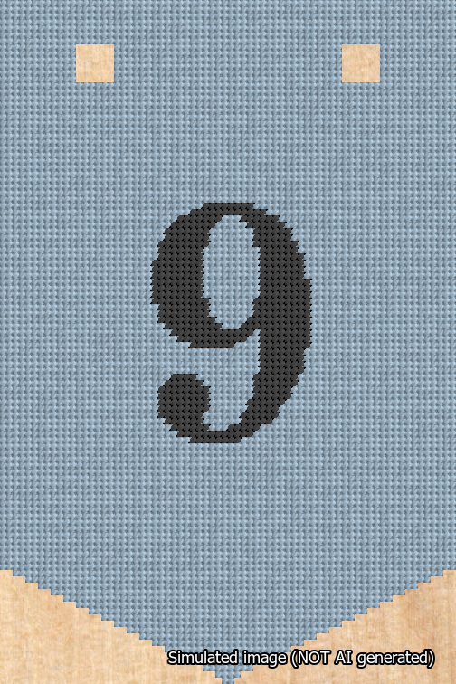 A simulated image of the stitched needlepoint design: Banner 18m Pointed 9 Black on Light Blue. Not A.I. generated.