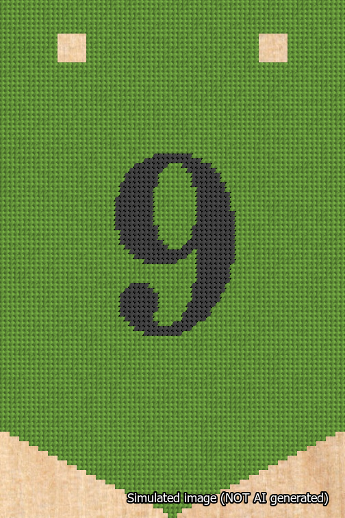 A simulated image of the stitched needlepoint design: Banner 18m Pointed 9 Black on Light Green. Not A.I. generated.