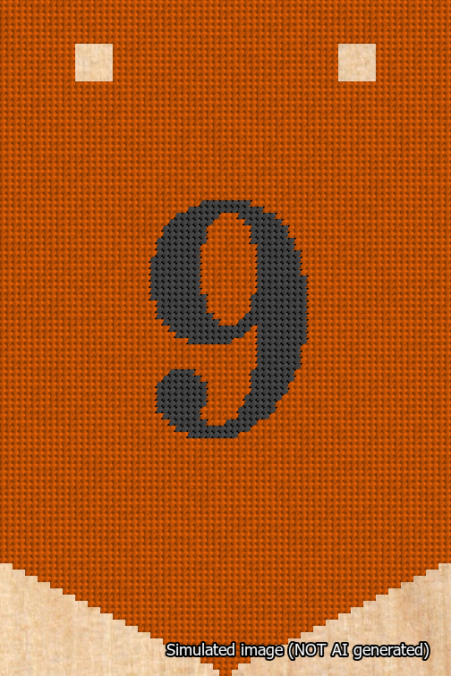 A simulated image of the stitched needlepoint design: Banner 18m Pointed 9 Black on Orange. Not A.I. generated.