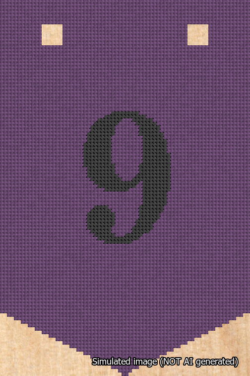 A simulated image of the stitched needlepoint design: Banner 18m Pointed 9 Black on Purple. Not A.I. generated.