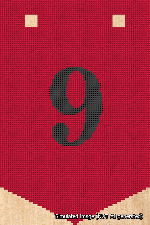 A simulated image of the stitched needlepoint design: Banner 18m Pointed 9 Black on Red. Not A.I. generated.
