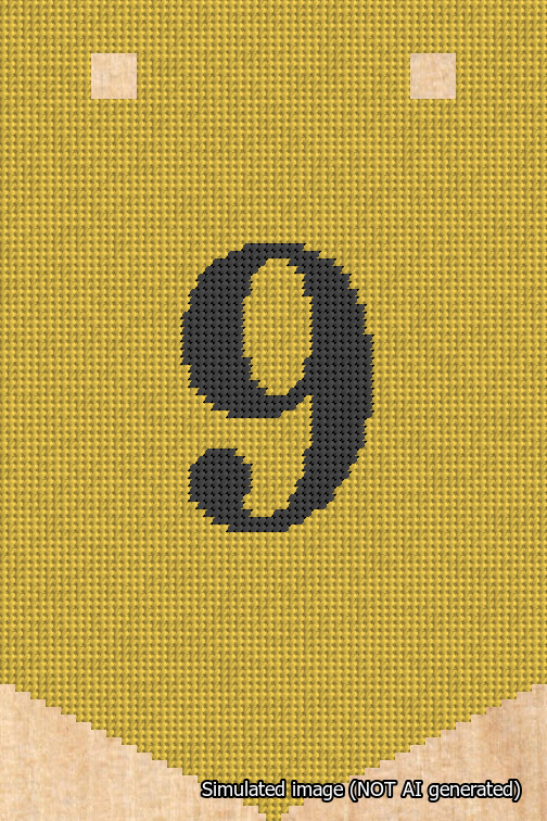 A simulated image of the stitched needlepoint design: Banner 18m Pointed 9 Black on Yellow. Not A.I. generated.