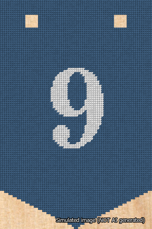 A simulated image of the stitched needlepoint design: Banner 18m Pointed 9 White on Blue. Not A.I. generated.