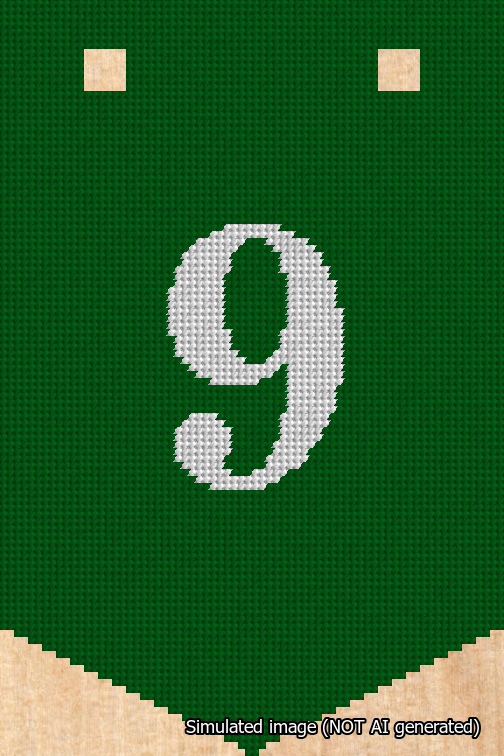 A simulated image of the stitched needlepoint design: Banner 18m Pointed 9 White on Green. Not A.I. generated.