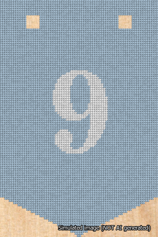 A simulated image of the stitched needlepoint design: Banner 18m Pointed 9 White on Light Blue. Not A.I. generated.