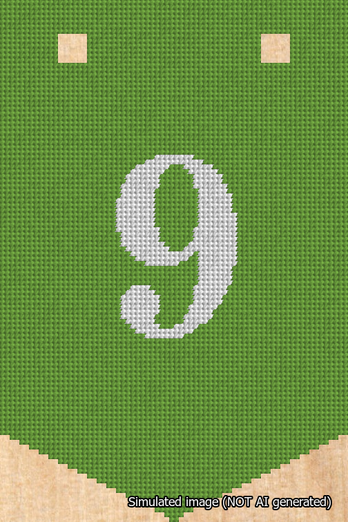 A simulated image of the stitched needlepoint design: Banner 18m Pointed 9 White on Light Green. Not A.I. generated.