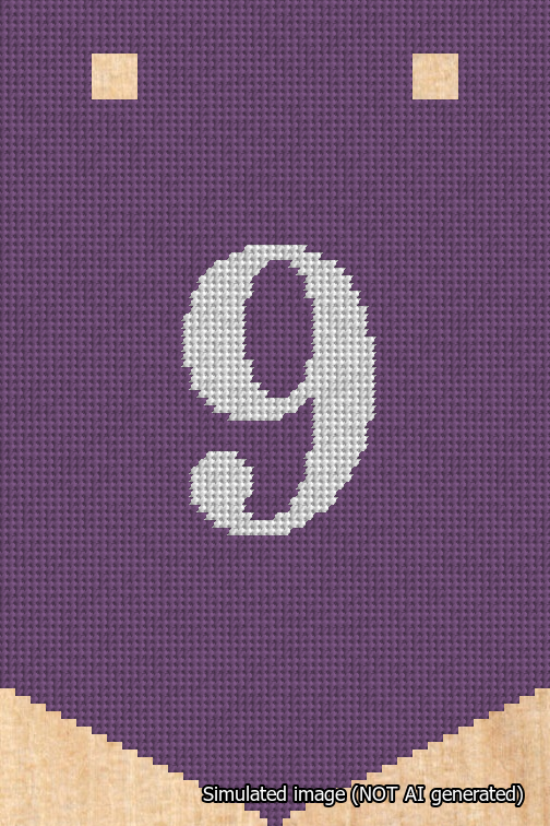 A simulated image of the stitched needlepoint design: Banner 18m Pointed 9 White on Purple. Not A.I. generated.