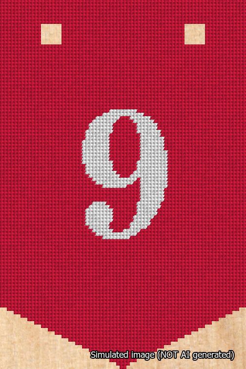 A simulated image of the stitched needlepoint design: Banner 18m Pointed 9 White on Red. Not A.I. generated.