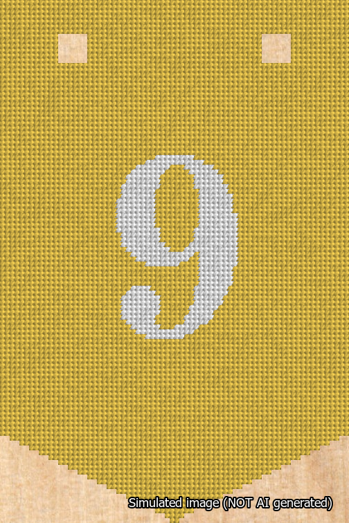 A simulated image of the stitched needlepoint design: Banner 18m Pointed 9 White on Yellow. Not A.I. generated.