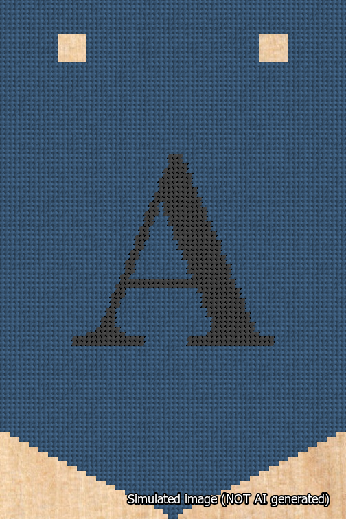 A simulated image of the stitched needlepoint design: Banner 18m Pointed A Black on Blue. Not A.I. generated.