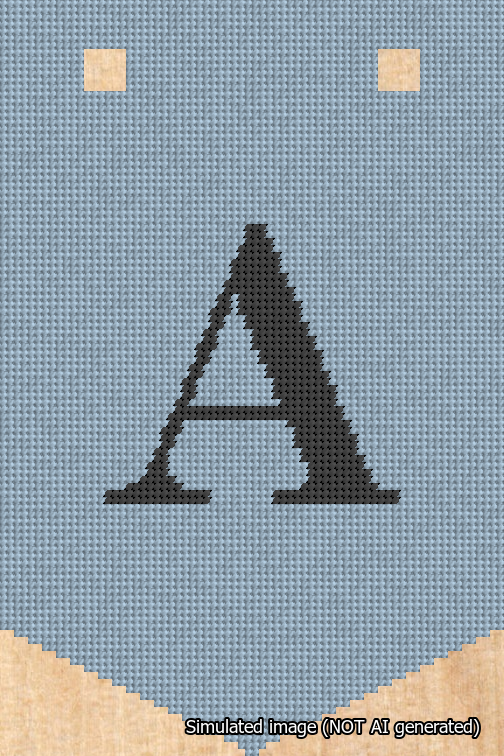 A simulated image of the stitched needlepoint design: Banner 18m Pointed A Black on Light Blue. Not A.I. generated.