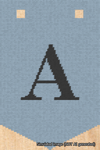 A simulated image of the stitched needlepoint design: Banner 18m Pointed A Black on Light Blue. Not A.I. generated.