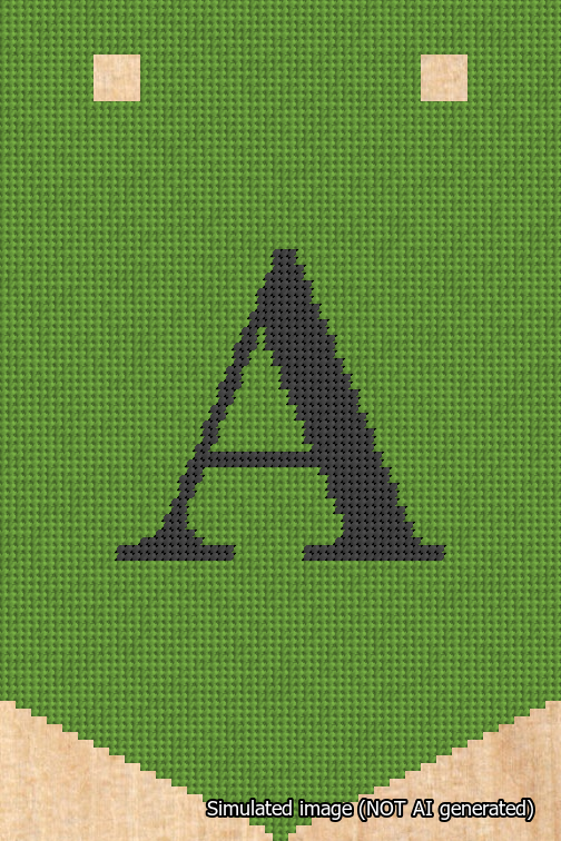 A simulated image of the stitched needlepoint design: Banner 18m Pointed A Black on Light Green. Not A.I. generated.