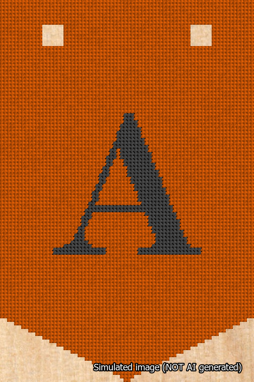 A simulated image of the stitched needlepoint design: Banner 18m Pointed A Black on Orange. Not A.I. generated.