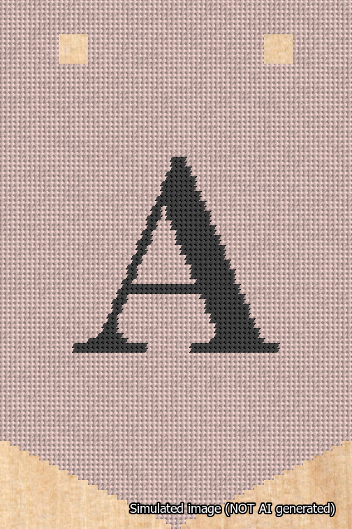 A simulated image of the stitched needlepoint design: Banner 18m Pointed A Black on Pink. Not A.I. generated.