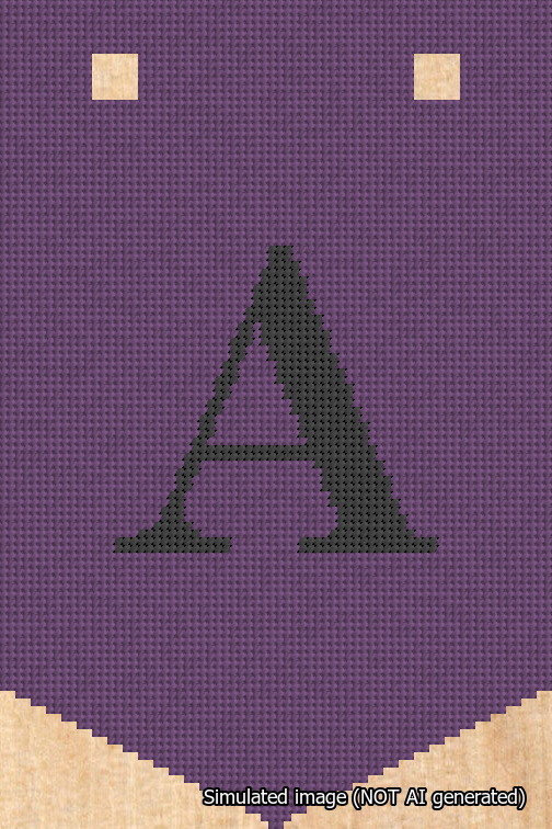A simulated image of the stitched needlepoint design: Banner 18m Pointed A Black on Purple. Not A.I. generated.
