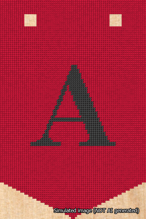 A simulated image of the stitched needlepoint design: Banner 18m Pointed A Black on Red. Not A.I. generated.
