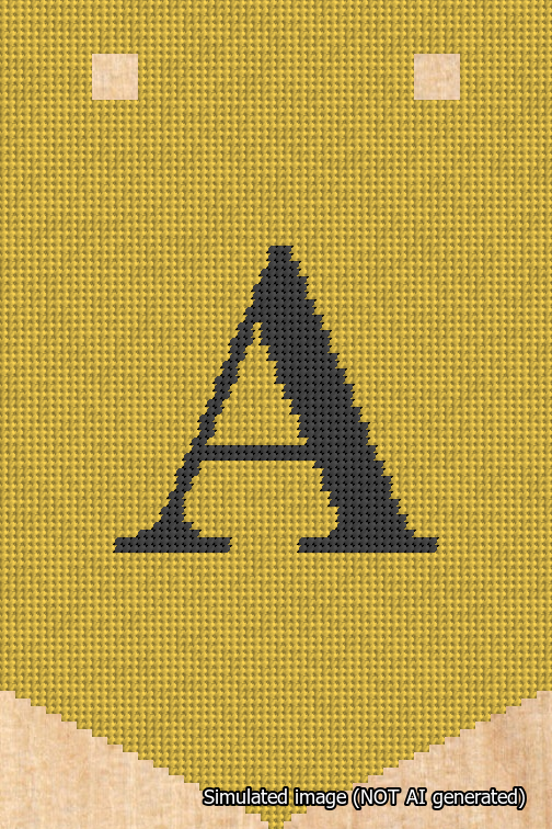 A simulated image of the stitched needlepoint design: Banner 18m Pointed A Black on Yellow. Not A.I. generated.