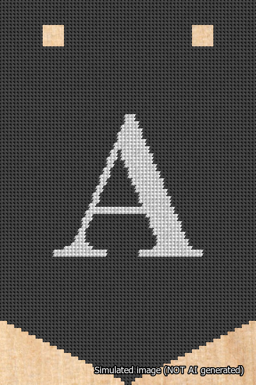 A simulated image of the stitched needlepoint design: Banner 18m Pointed A White on Black. Not A.I. generated.