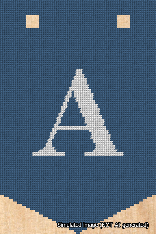 A simulated image of the stitched needlepoint design: Banner 18m Pointed A White on Blue. Not A.I. generated.