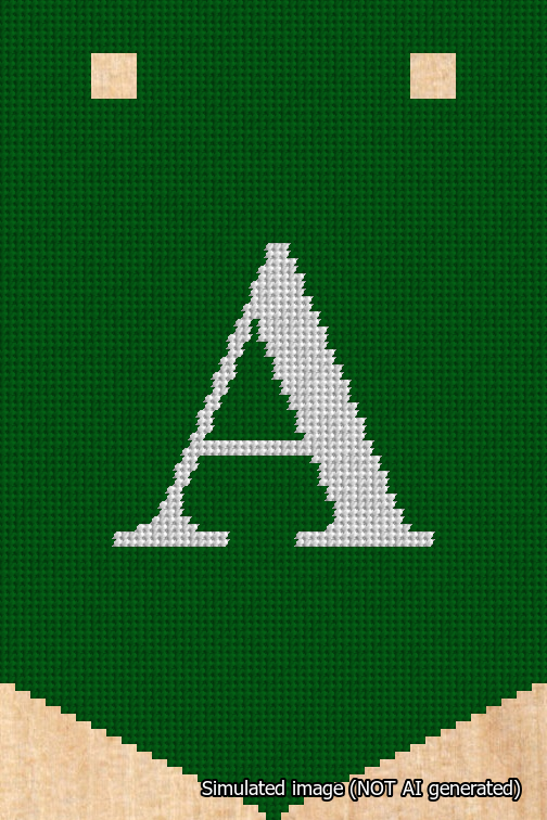 A simulated image of the stitched needlepoint design: Banner 18m Pointed A White on Green. Not A.I. generated.
