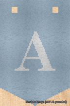 A simulated image of the stitched needlepoint design: Banner 18m Pointed A White on Light Blue. Not A.I. generated.