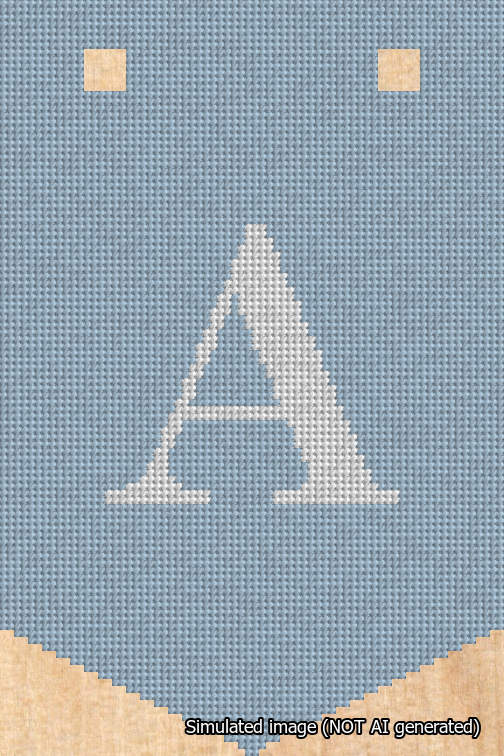 A simulated image of the stitched needlepoint design: Banner 18m Pointed A White on Light Blue. Not A.I. generated.