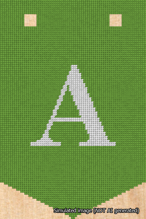 A simulated image of the stitched needlepoint design: Banner 18m Pointed A White on Light Green. Not A.I. generated.